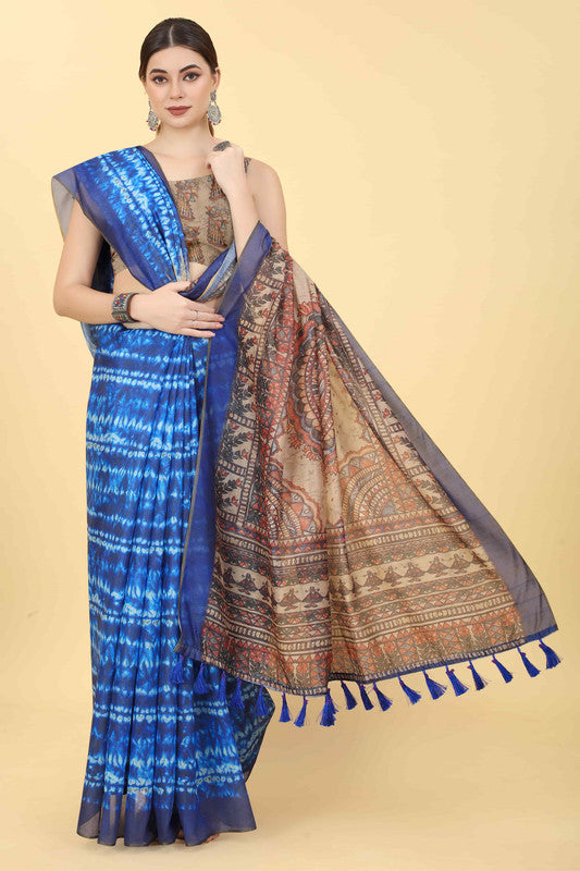 Blue Cotton Blend Printed Kalamkari Saree with Unstitched Blouse - Hiral Fashion - Distacart