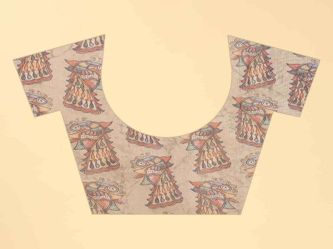 Blue Cotton Blend Printed Kalamkari Saree with Unstitched Blouse - Hiral Fashion - Distacart