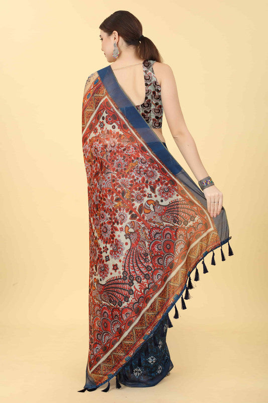 Blue Cotton Blend Printed Kalamkari Saree with Unstitched Blouse - Hiral Fashion - Distacart