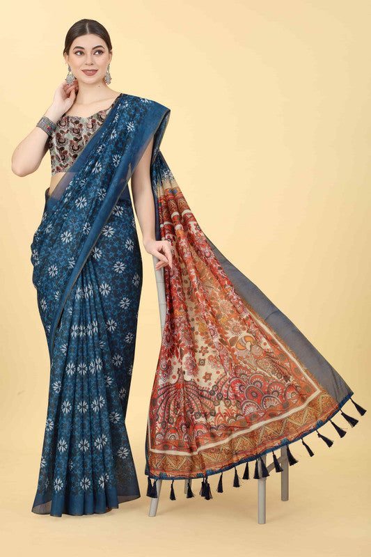 Blue Cotton Blend Printed Kalamkari Saree with Unstitched Blouse - Hiral Fashion - Distacart