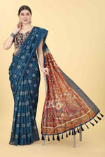 Thumbnail for Blue Cotton Blend Printed Kalamkari Saree with Unstitched Blouse - Hiral Fashion - Distacart