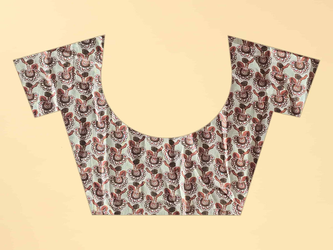 Blue Cotton Blend Printed Kalamkari Saree with Unstitched Blouse - Hiral Fashion - Distacart