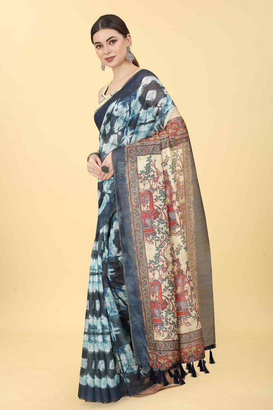 Blue Cotton Blend Printed Kalamkari Saree with Unstitched Blouse - Hiral Fashion - Distacart