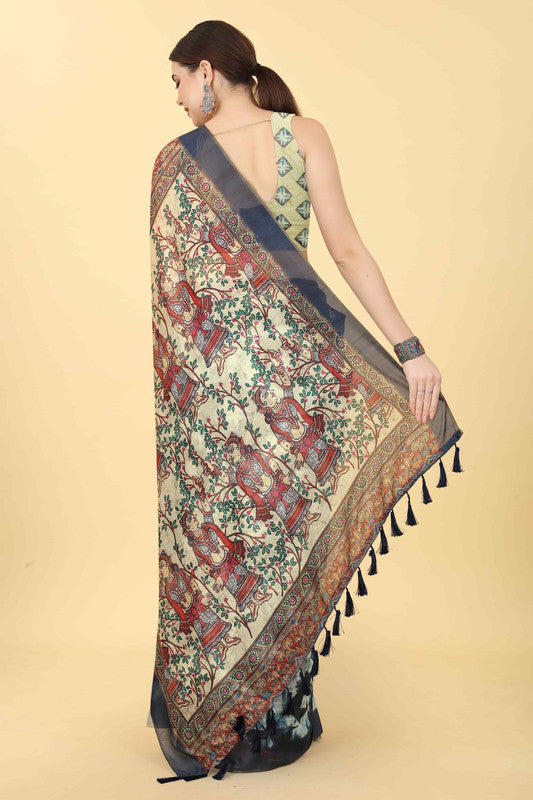 Blue Cotton Blend Printed Kalamkari Saree with Unstitched Blouse - Hiral Fashion - Distacart