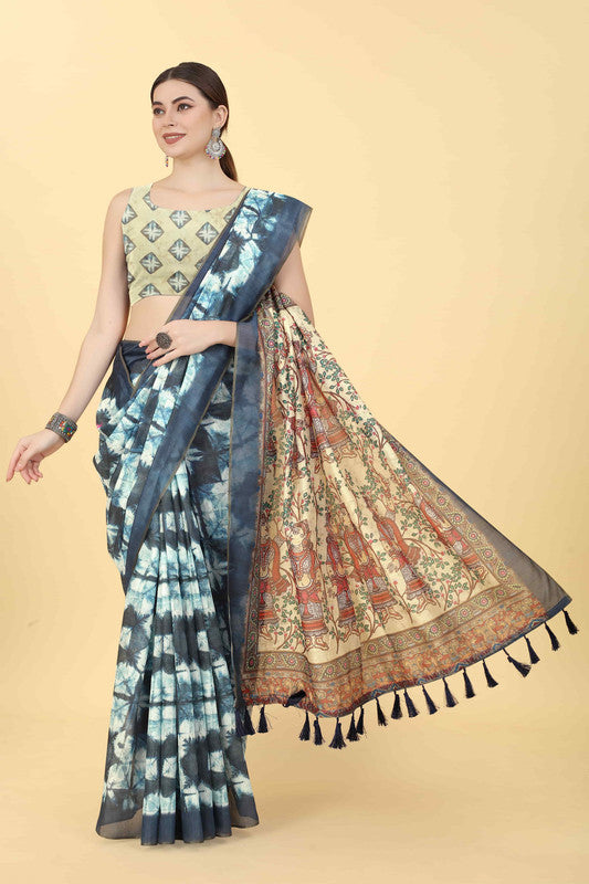 Blue Cotton Blend Printed Kalamkari Saree with Unstitched Blouse - Hiral Fashion - Distacart