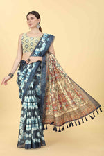Thumbnail for Blue Cotton Blend Printed Kalamkari Saree with Unstitched Blouse - Hiral Fashion - Distacart