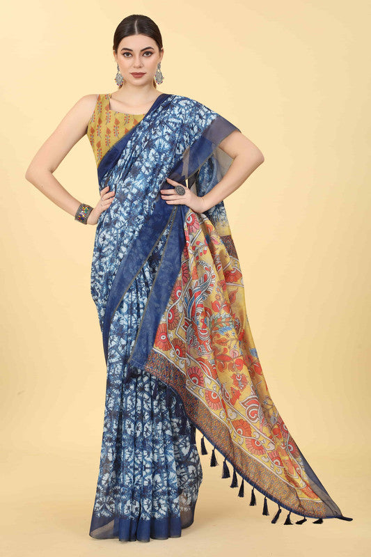 Blue Cotton Blend Printed Kalamkari Saree with Unstitched Blouse - Hiral Fashion - Distacart
