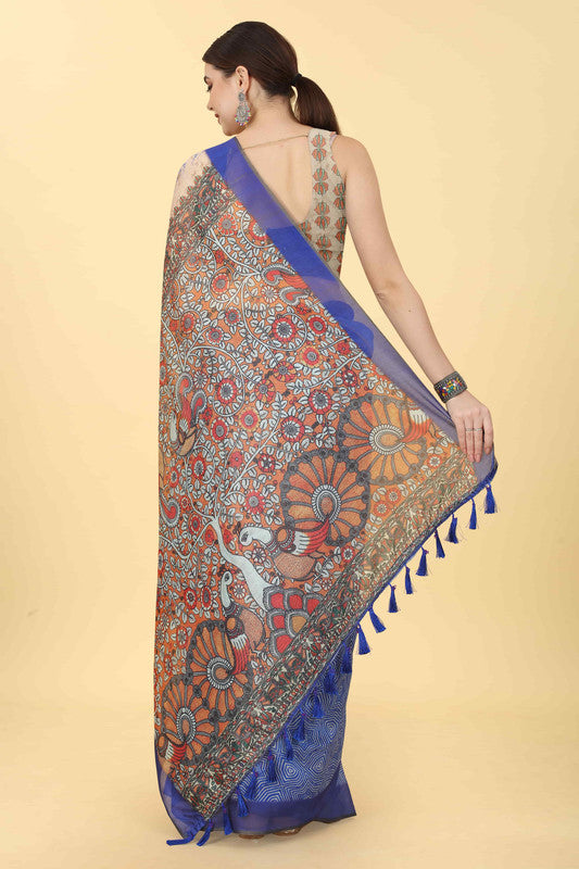 Blue Cotton Blend Printed Kalamkari Saree with Unstitched Blouse - Hiral Fashion - Distacart