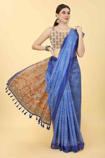Thumbnail for Blue Cotton Blend Printed Kalamkari Saree with Unstitched Blouse - Hiral Fashion - Distacart