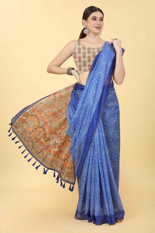 Blue Cotton Blend Printed Kalamkari Saree with Unstitched Blouse - Hiral Fashion - Distacart