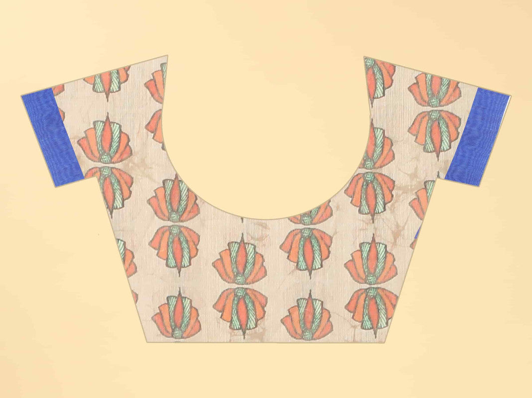 Blue Cotton Blend Printed Kalamkari Saree with Unstitched Blouse - Hiral Fashion - Distacart