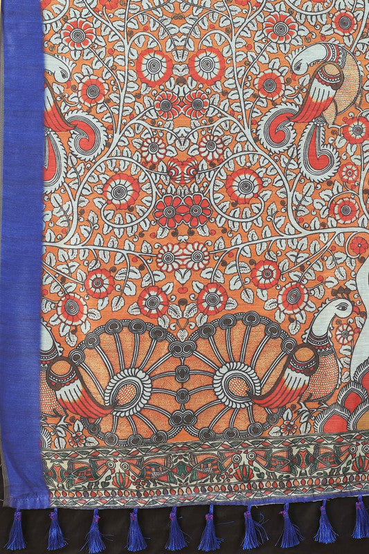 Blue Cotton Blend Printed Kalamkari Saree with Unstitched Blouse - Hiral Fashion - Distacart