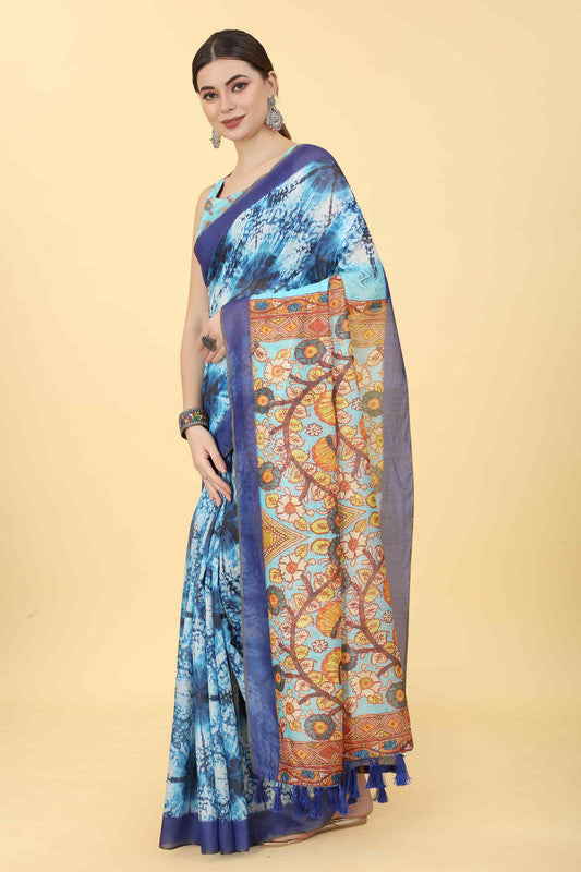 Blue Cotton Blend Printed Kalamkari Saree with Unstitched Blouse - Hiral Fashion - Distacart