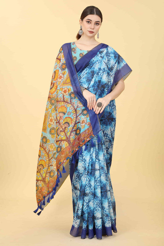 Blue Cotton Blend Printed Kalamkari Saree with Unstitched Blouse - Hiral Fashion - Distacart
