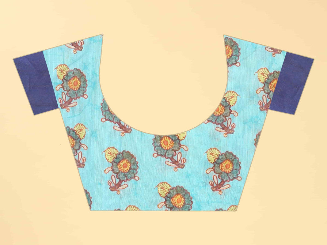 Blue Cotton Blend Printed Kalamkari Saree with Unstitched Blouse - Hiral Fashion - Distacart