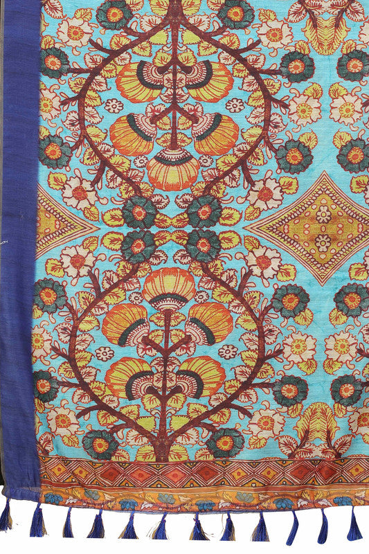 Blue Cotton Blend Printed Kalamkari Saree with Unstitched Blouse - Hiral Fashion - Distacart