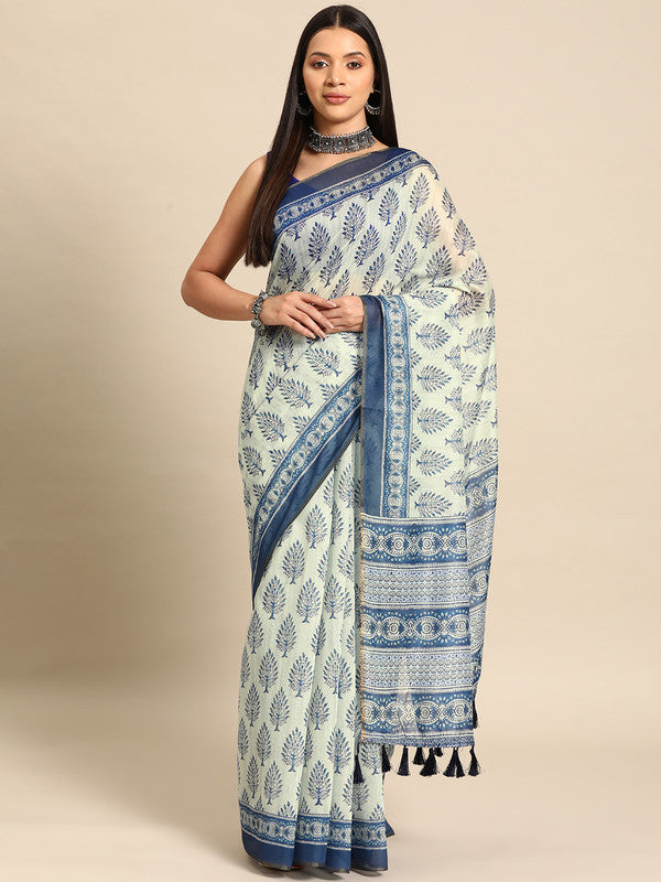 Blue Cotton Blend Printed Dabu Saree with Unstitched Blouse - Hiral Fashion - Distacart