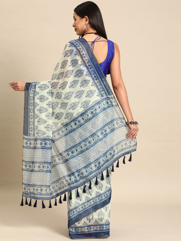 Blue Cotton Blend Printed Dabu Saree with Unstitched Blouse - Hiral Fashion - Distacart