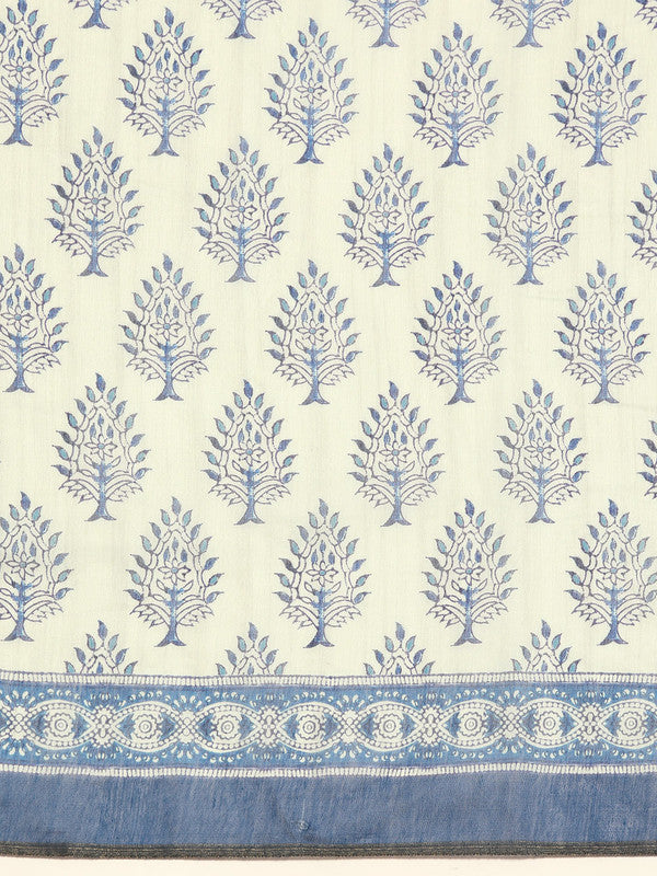 Blue Cotton Blend Printed Dabu Saree with Unstitched Blouse - Hiral Fashion - Distacart