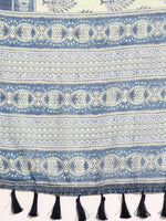 Thumbnail for Blue Cotton Blend Printed Dabu Saree with Unstitched Blouse - Hiral Fashion - Distacart