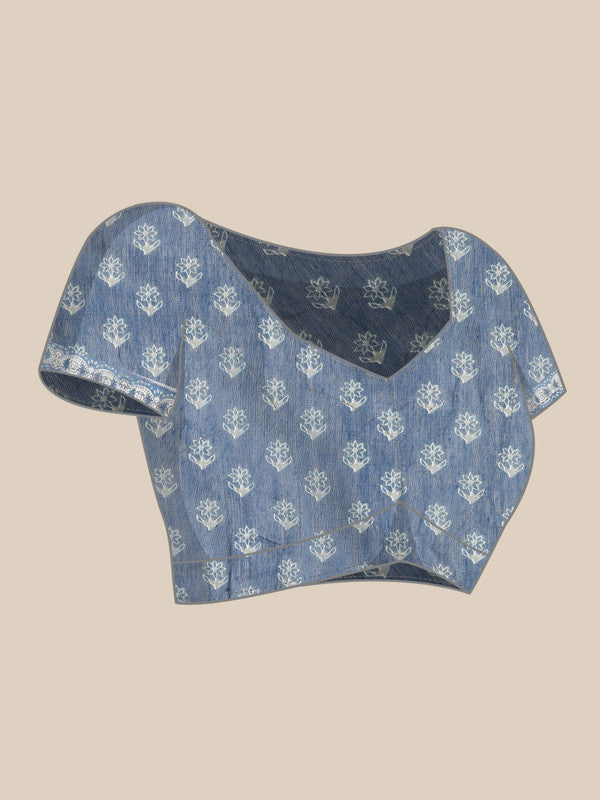 Blue Cotton Blend Printed Dabu Saree with Unstitched Blouse - Hiral Fashion - Distacart