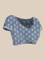 Thumbnail for Blue Cotton Blend Printed Dabu Saree with Unstitched Blouse - Hiral Fashion - Distacart