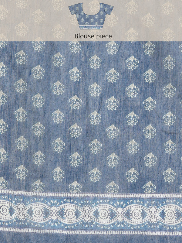 Blue Cotton Blend Printed Dabu Saree with Unstitched Blouse - Hiral Fashion - Distacart
