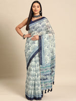 Thumbnail for Blue Cotton Blend Printed Dabu Saree with Unstitched Blouse - Hiral Fashion - Distacart