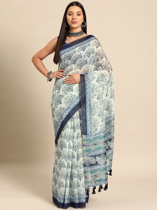 Blue Cotton Blend Printed Dabu Saree with Unstitched Blouse - Hiral Fashion - Distacart