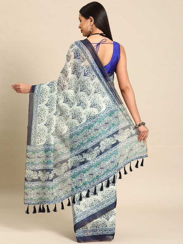 Blue Cotton Blend Printed Dabu Saree with Unstitched Blouse - Hiral Fashion - Distacart