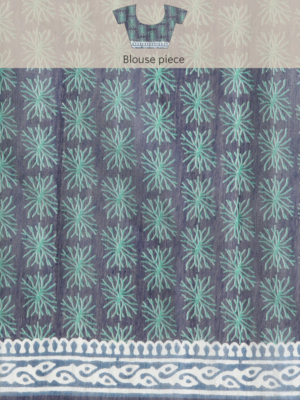 Blue Cotton Blend Printed Dabu Saree with Unstitched Blouse - Hiral Fashion - Distacart