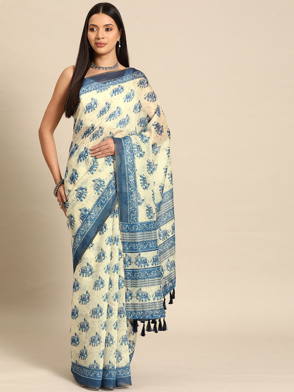 Blue Cotton Blend Printed Dabu Saree with Unstitched Blouse - Hiral Fashion - Distacart