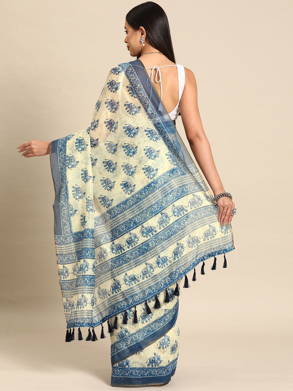 Blue Cotton Blend Printed Dabu Saree with Unstitched Blouse - Hiral Fashion - Distacart