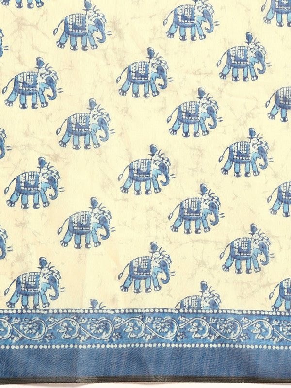 Blue Cotton Blend Printed Dabu Saree with Unstitched Blouse - Hiral Fashion - Distacart