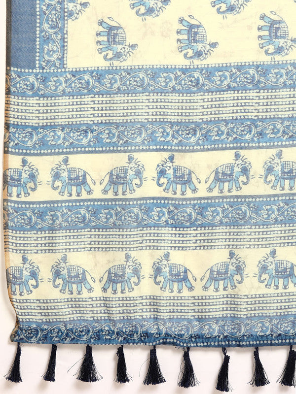 Blue Cotton Blend Printed Dabu Saree with Unstitched Blouse - Hiral Fashion - Distacart