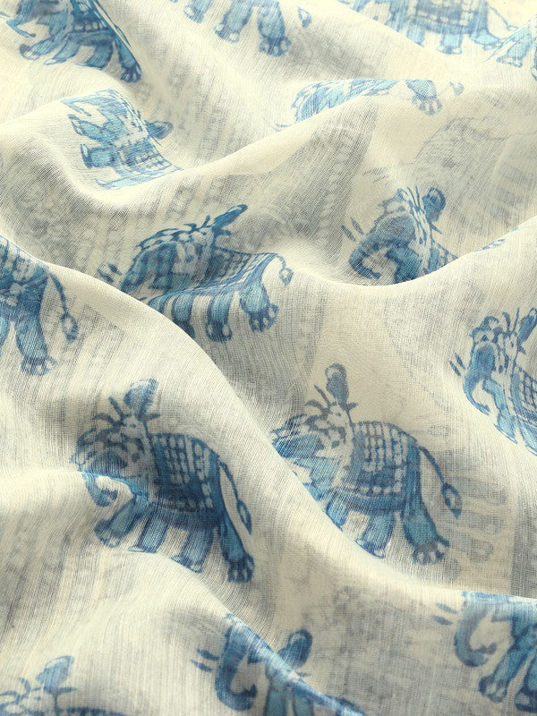 Blue Cotton Blend Printed Dabu Saree with Unstitched Blouse - Hiral Fashion - Distacart