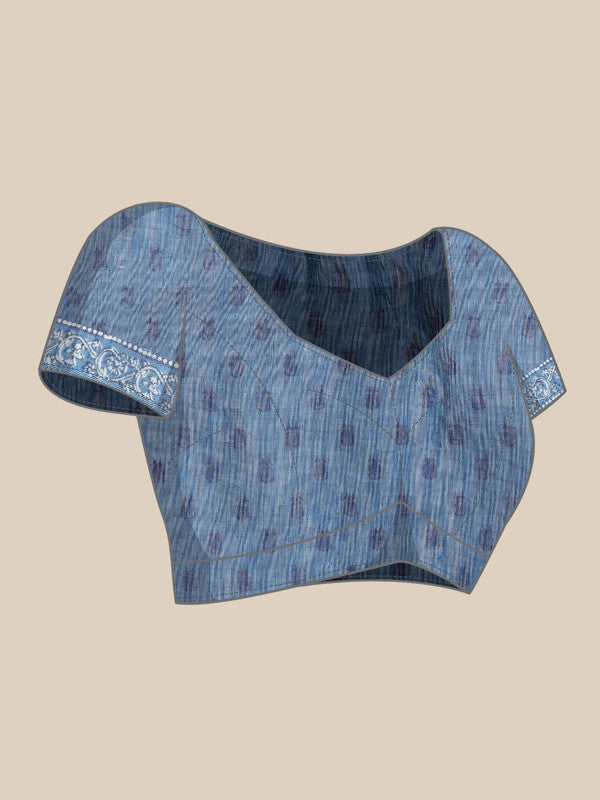 Blue Cotton Blend Printed Dabu Saree with Unstitched Blouse - Hiral Fashion - Distacart