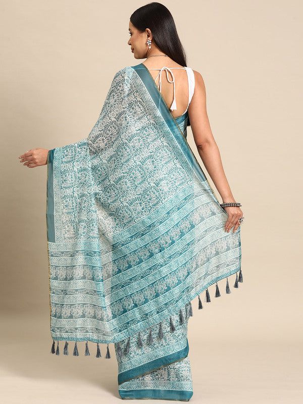 Turquoise Cotton Blend Printed Dabu Saree with Unstitched Blouse - Hiral Fashion - Distacart