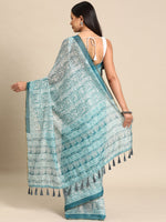 Thumbnail for Turquoise Cotton Blend Printed Dabu Saree with Unstitched Blouse - Hiral Fashion - Distacart