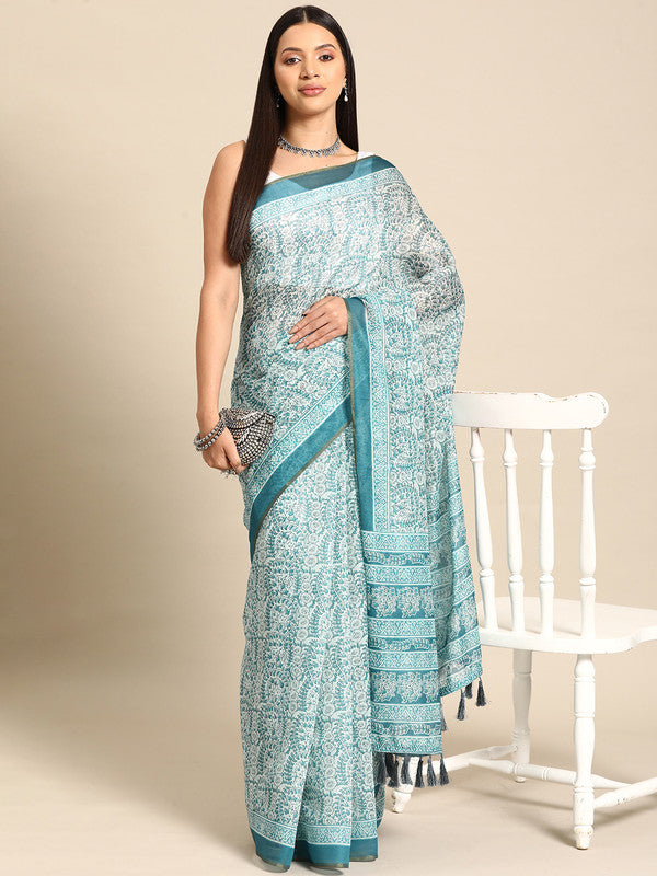 Turquoise Cotton Blend Printed Dabu Saree with Unstitched Blouse - Hiral Fashion - Distacart