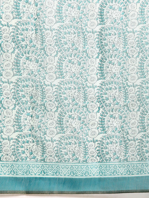 Turquoise Cotton Blend Printed Dabu Saree with Unstitched Blouse - Hiral Fashion - Distacart