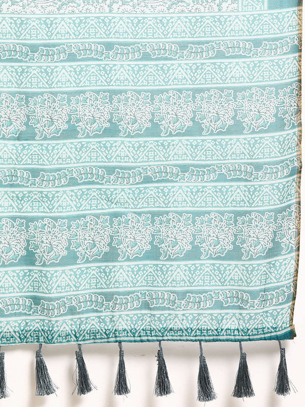 Turquoise Cotton Blend Printed Dabu Saree with Unstitched Blouse - Hiral Fashion - Distacart