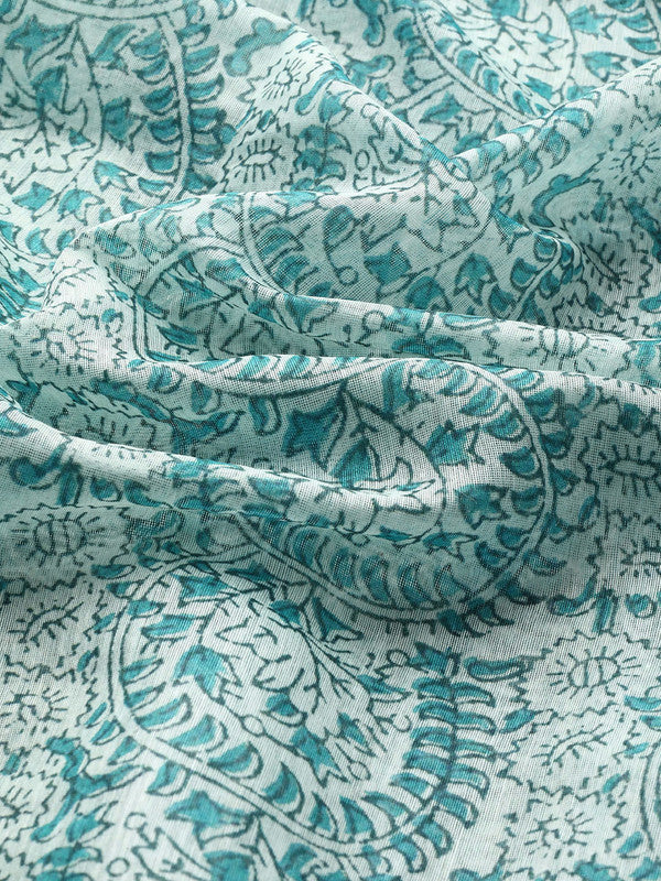 Turquoise Cotton Blend Printed Dabu Saree with Unstitched Blouse - Hiral Fashion - Distacart
