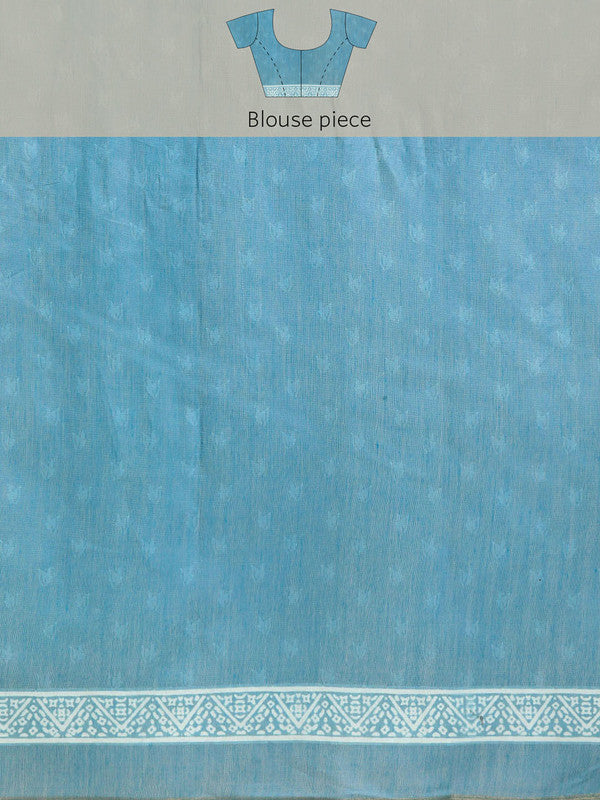 Turquoise Cotton Blend Printed Dabu Saree with Unstitched Blouse - Hiral Fashion - Distacart