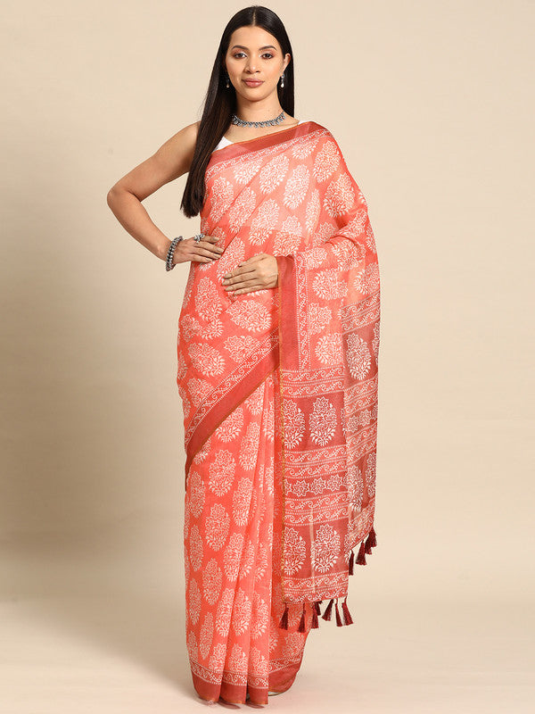 Peach Cotton Blend Printed Dabu Saree with Unstitched Blouse - Hiral Fashion - Distacart