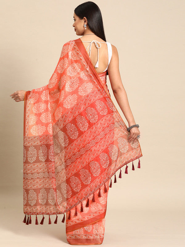 Peach Cotton Blend Printed Dabu Saree with Unstitched Blouse - Hiral Fashion - Distacart