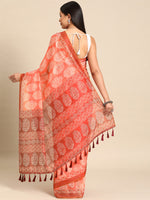 Thumbnail for Peach Cotton Blend Printed Dabu Saree with Unstitched Blouse - Hiral Fashion - Distacart
