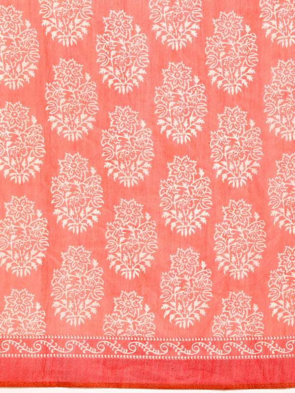 Peach Cotton Blend Printed Dabu Saree with Unstitched Blouse - Hiral Fashion - Distacart