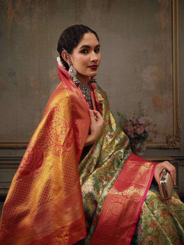 Green Pure Silk Woven Zari Design Floral Saree with Unstitched Blouse - Hiral Fashion - Distacart