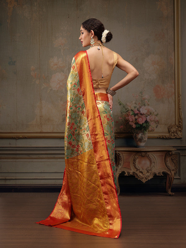 Gray Pure Silk Woven Zari Design Floral Saree with Unstitched Blouse - Hiral Fashion - Distacart